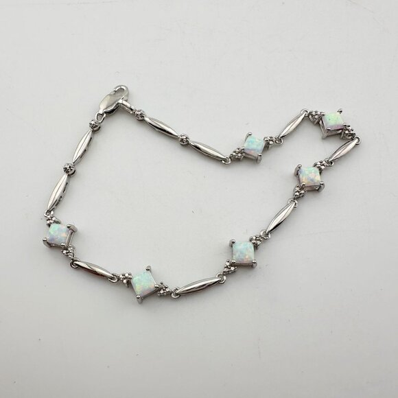 Princess Cut Lab Created Opal Bracelet with Diamond Accent - Picture 7 of 12